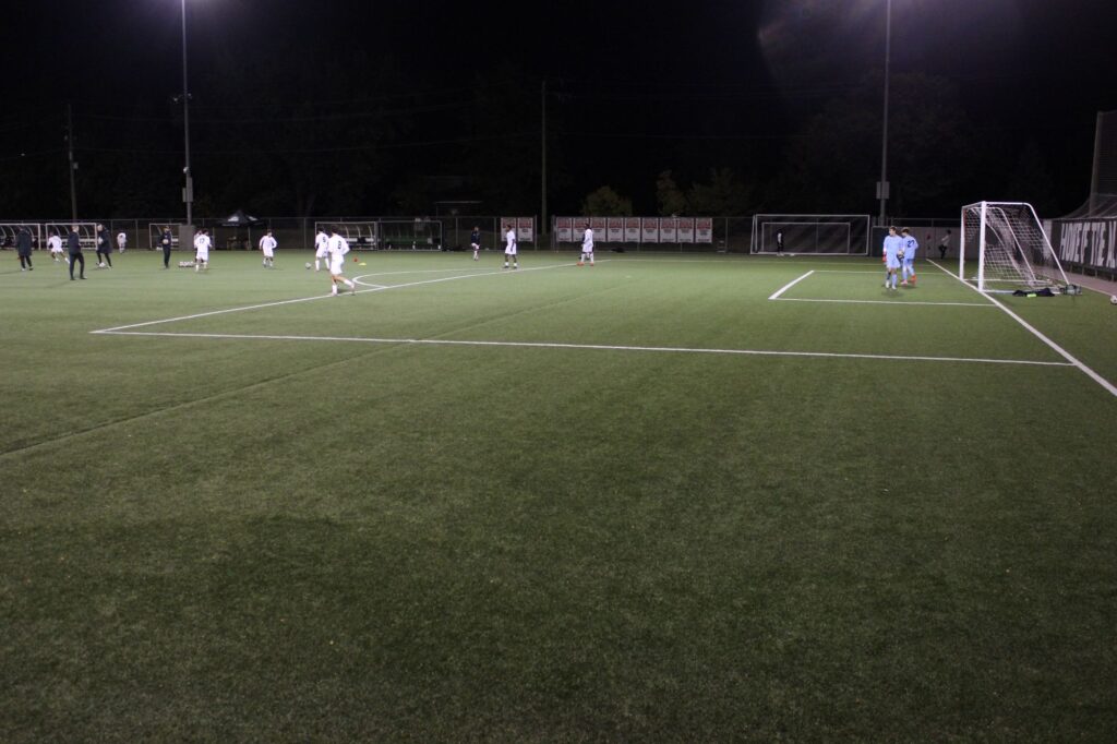 The Algonquin Wolves men’s soccer team prepare to take on the Cambrian Golden Shield. 