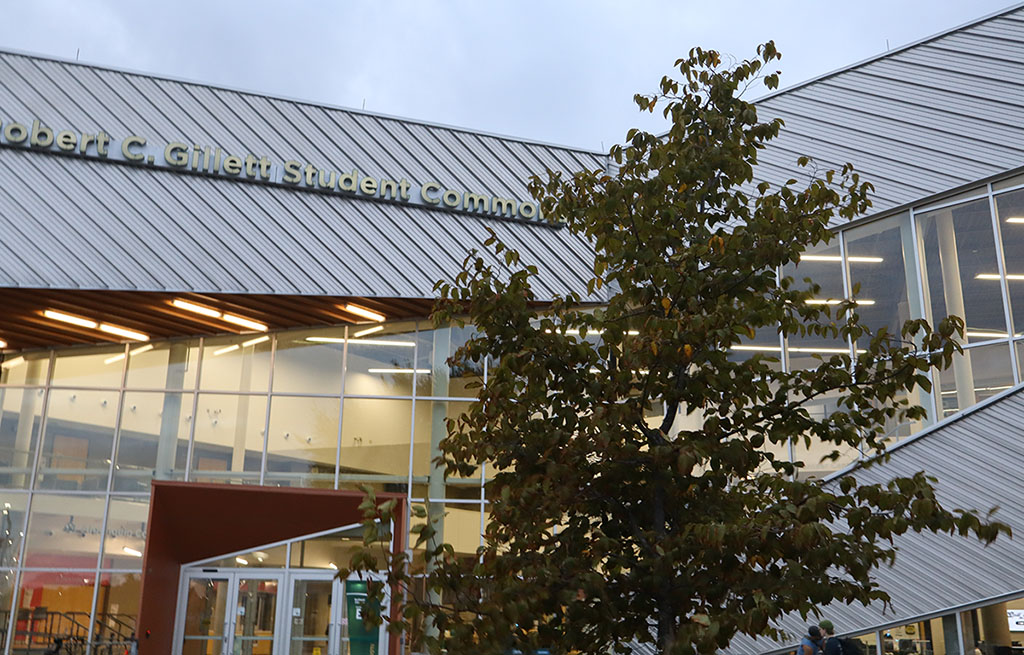 Lat enight photo of Building E, tree in front of the building 
